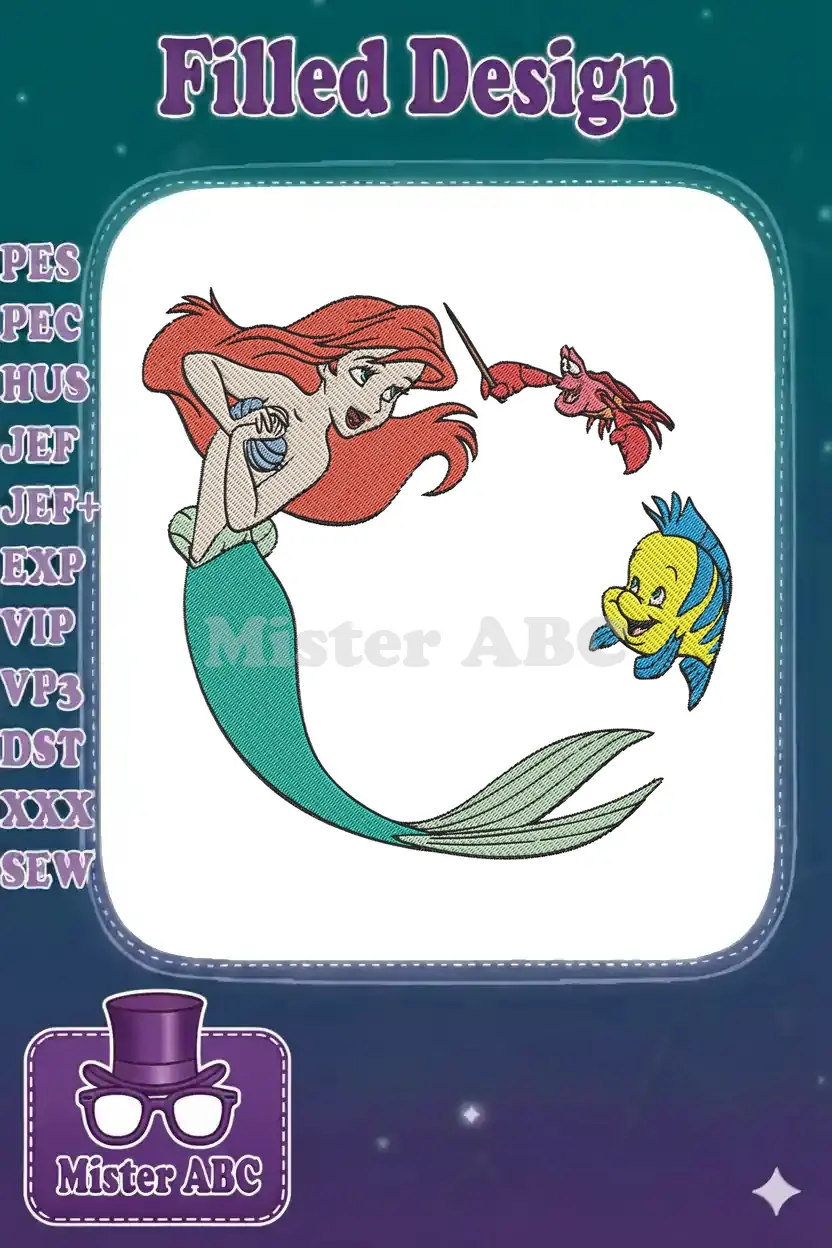 Vibrant embroidery design featuring Disney's Ariel, Flounder, and Sebastian in an engaging, animated pose.