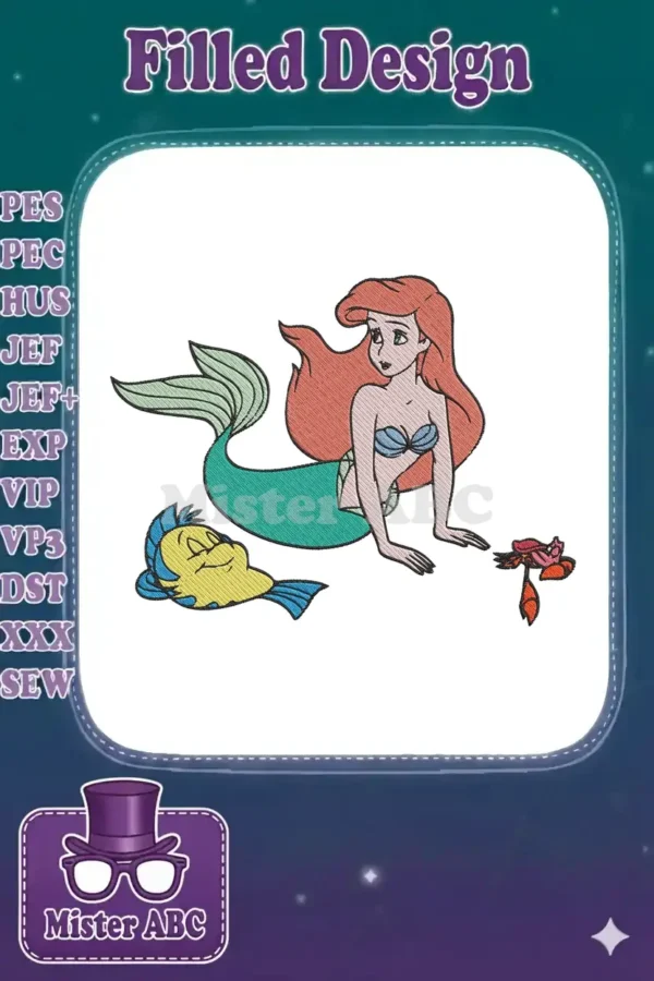 A vibrant embroidery design featuring Disney's Ariel, Flounder, and Sebastian, ready to stitch on any fabric.