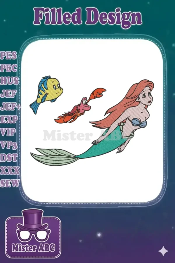 Colorful embroidery design of Disney's Ariel, Flounder, and Sebastian, captured mid-swim with vibrant threads.