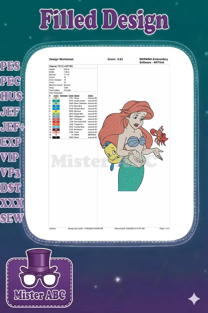 An embroidery design worksheet for Ariel, Flounder, and Sebastian, detailing dimensions, stitch count, and colors.