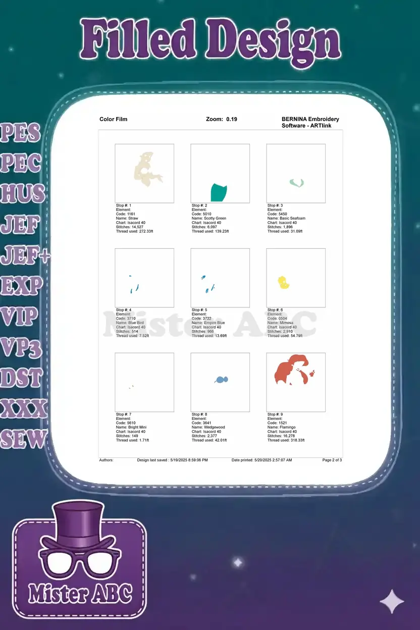 The first page of the color film illustrating the stitch order for the Ariel, Flounder, and Sebastian design.