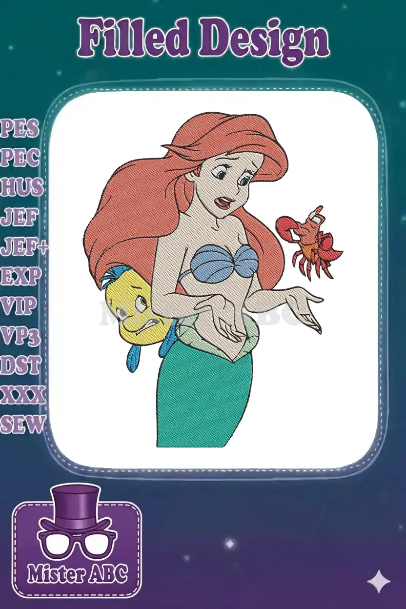 A detailed embroidery design of Ariel, Flounder, and Sebastian, showcasing their expressive and concerned faces.