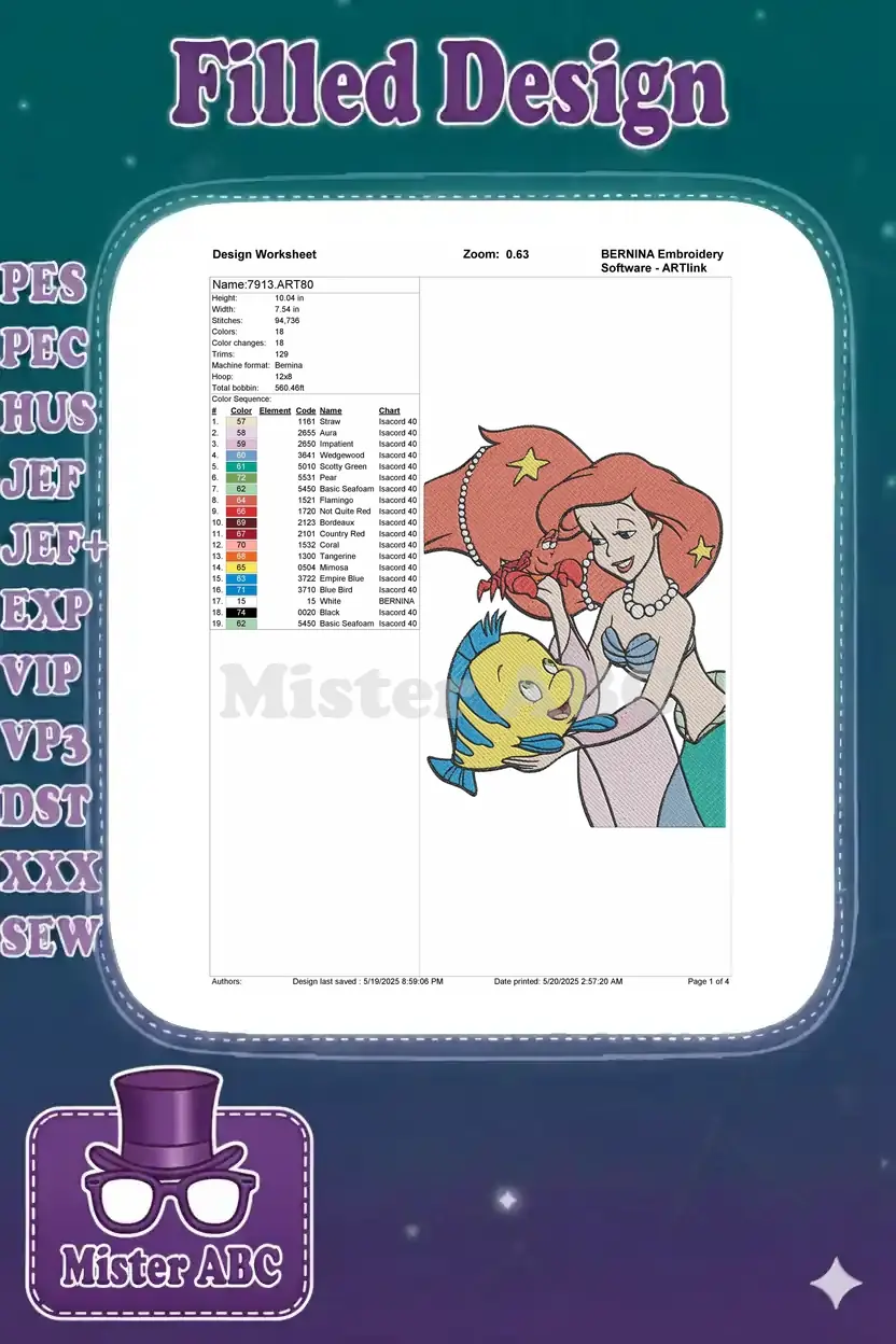 BERNINA Design Worksheet for the Ariel, Flounder, and Sebastian embroidery, detailing size, stitches, and color sequence.