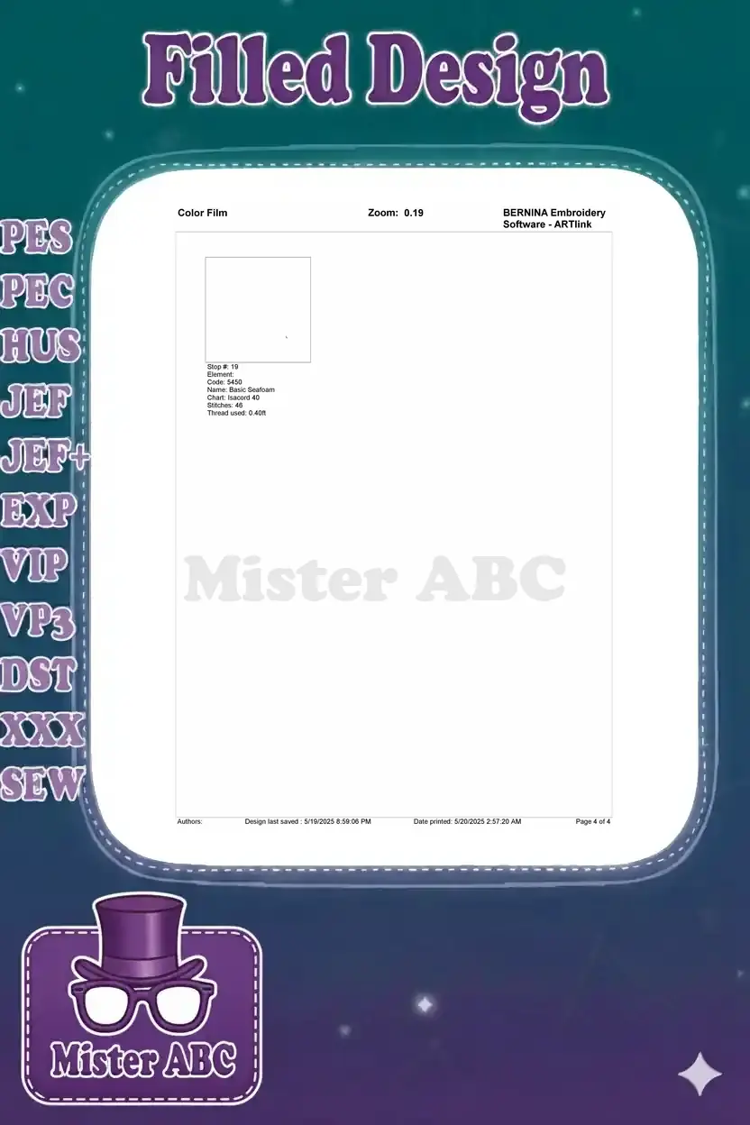 Final page of the embroidery design's color film, detailing the last color stop and associated thread information.