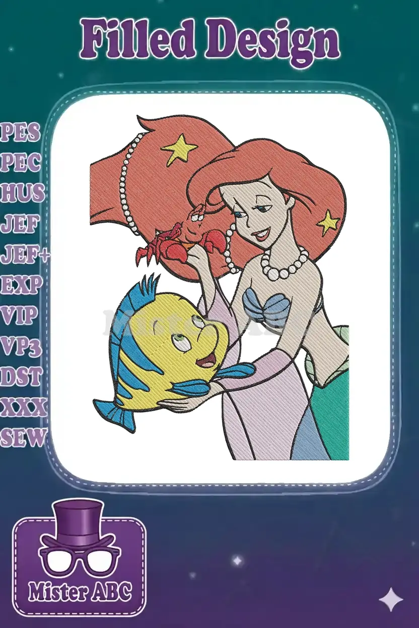 Vibrant embroidery design featuring Ariel, Flounder, and Sebastian, showcasing intricate details and rich colors on white background.
