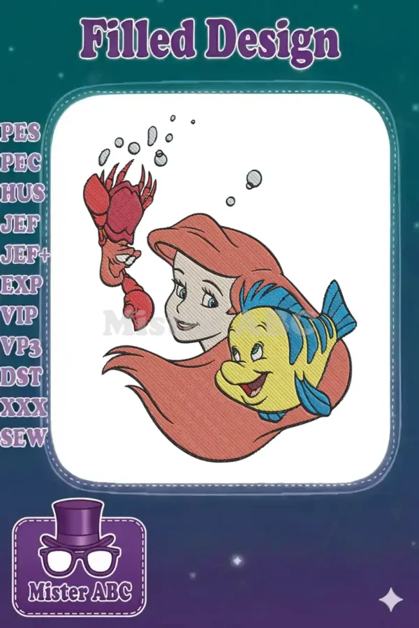 Vibrant embroidery design featuring Ariel with flowing red hair, Sebastian the crab, and Flounder the fish, all smiling.