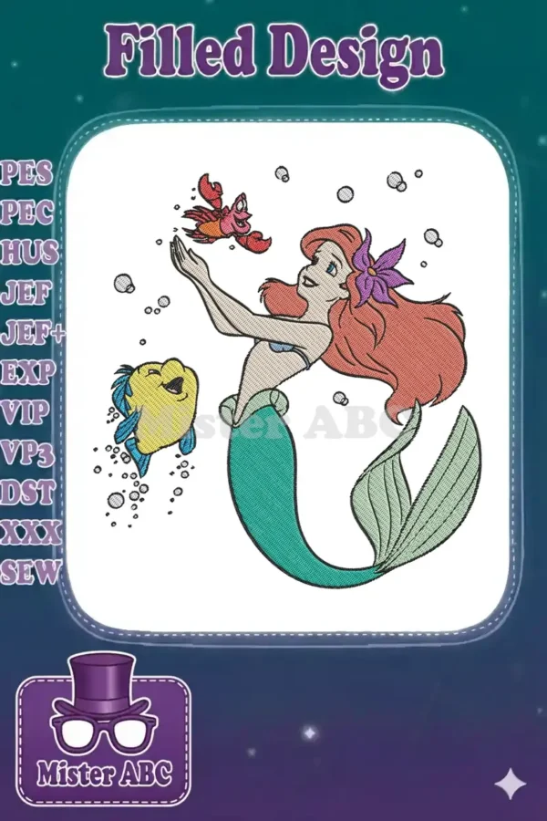 Vibrant embroidery of Ariel, Flounder, and Sebastian from The Little Mermaid, showcasing detailed fill stitches and bright colors.