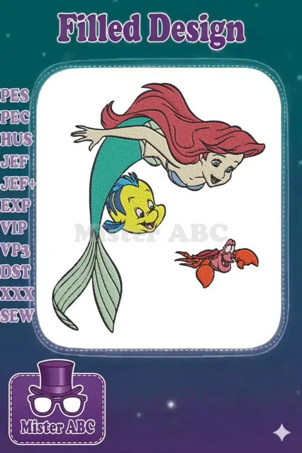 Vibrant embroidery design of Ariel, Flounder, and Sebastian, showcasing detailed stitching and vivid colors.