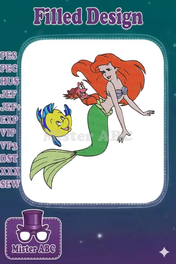 Embroidery design of Ariel the Mermaid with her fish friend Flounder, swimming happily with vibrant colors.