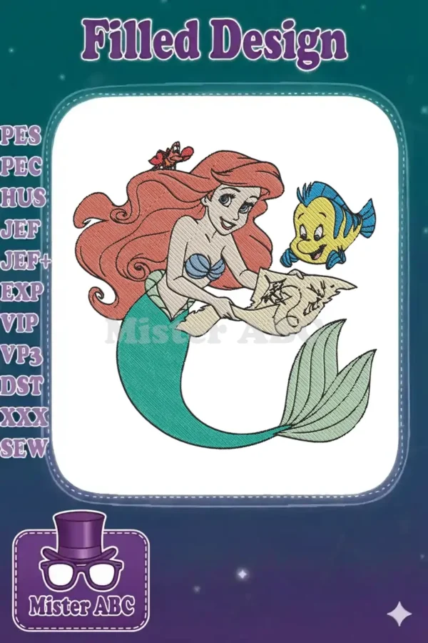 A vibrant embroidery design featuring Ariel, Flounder, and Sebastian, joyfully examining a treasure map.