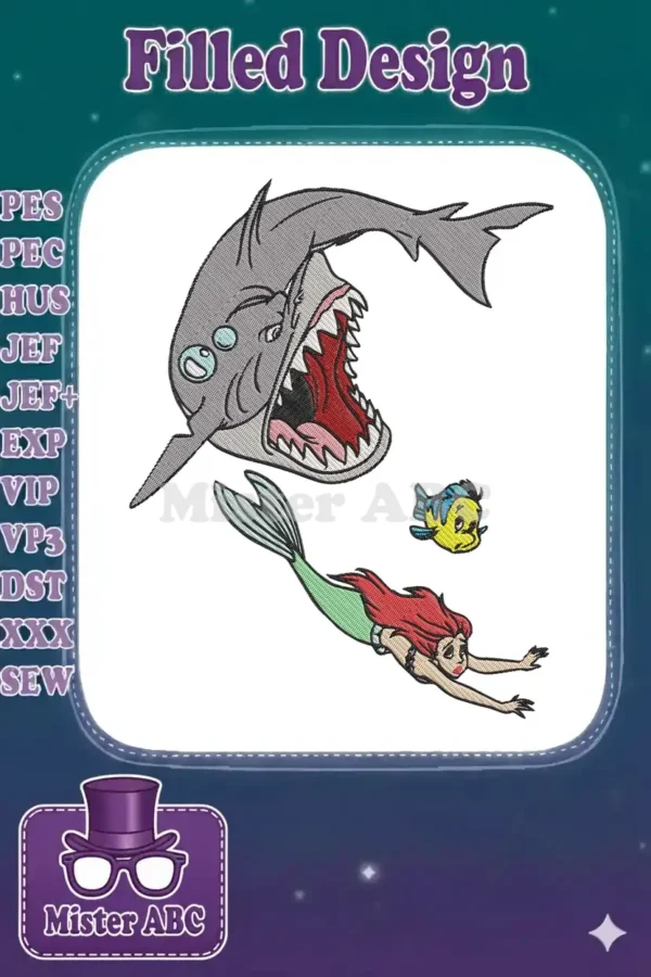Dynamic embroidery design featuring Ariel, Flounder, and a menacing shark in a thrilling underwater scene.