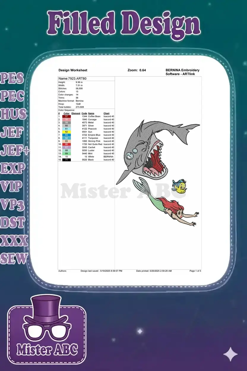Comprehensive design worksheet for embroidery, detailing stitch counts, color sequence, and machine specifications.