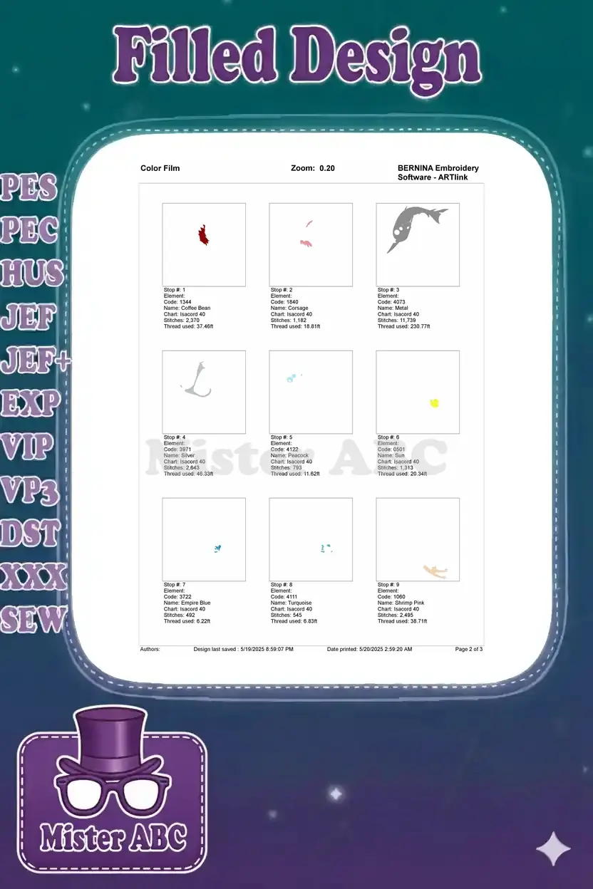 First part of the embroidery color film, showing individual stitch-out steps for the initial colors.