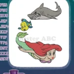 Ariel Flounder and Shark undersea adventure embroidery designs - Instant Download