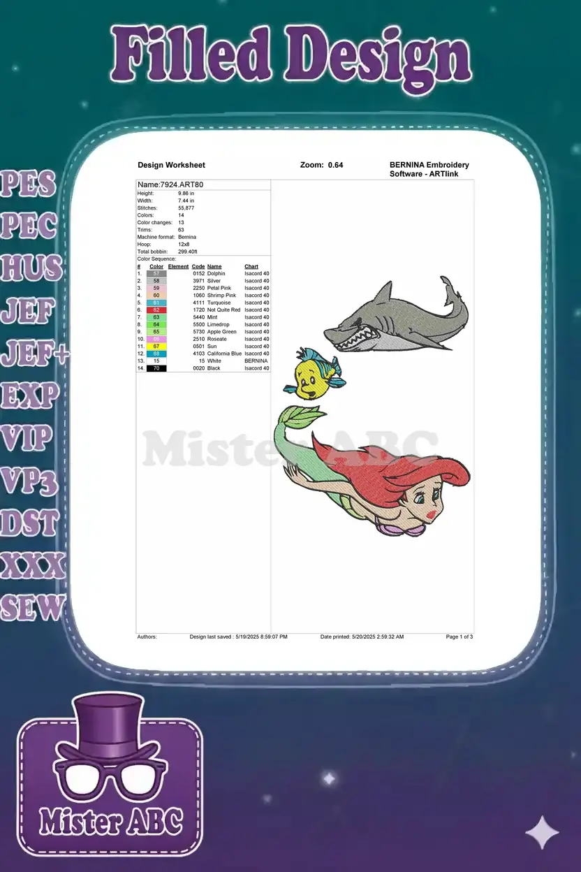 Detailed embroidery design worksheet for Ariel, Flounder, and shark, showing dimensions, stitches, and colors.
