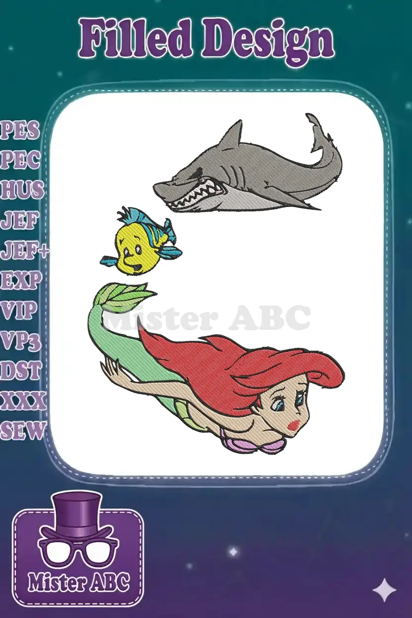 Vibrant embroidery design featuring Disney's Ariel, Flounder, and a menacing shark, ready to adorn any fabric.