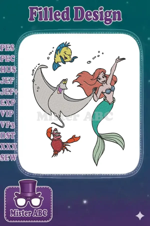 A vibrant embroidery design featuring Ariel, Flounder, Sebastian, and a friendly manta ray in a playful underwater scene.