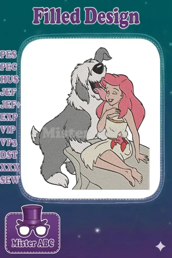 Embroidery design of Ariel from The Little Mermaid sitting with her sheepdog friend, Max, showing their sweet bond.