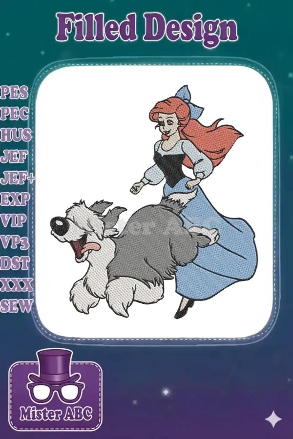 Vibrant embroidery featuring Ariel from The Little Mermaid running joyfully with her loyal dog Max.