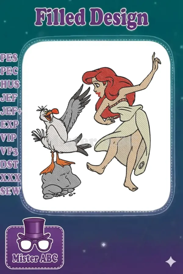 Beautiful embroidery design featuring Ariel from The Little Mermaid interacting playfully with Scuttle the seagull.