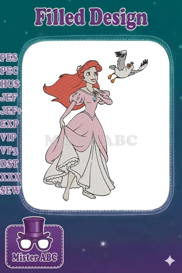 Ariel from The Little Mermaid in a pink ball gown, looking up at Scuttle the seagull, a beautiful embroidery.