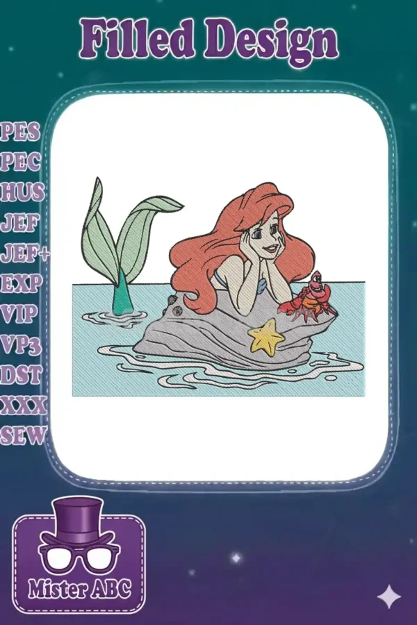 Ariel, Sebastian, and a starfish on a rock, with Ariel's tail in the water, in a detailed embroidery design.