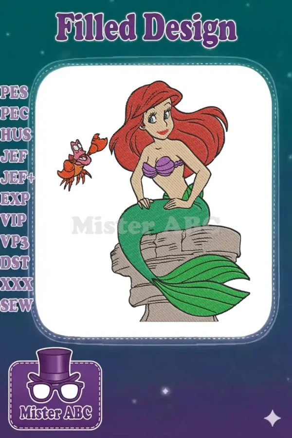 Vibrant embroidery design featuring Disney's Ariel and Sebastian, showcasing detailed stitching on a white background.