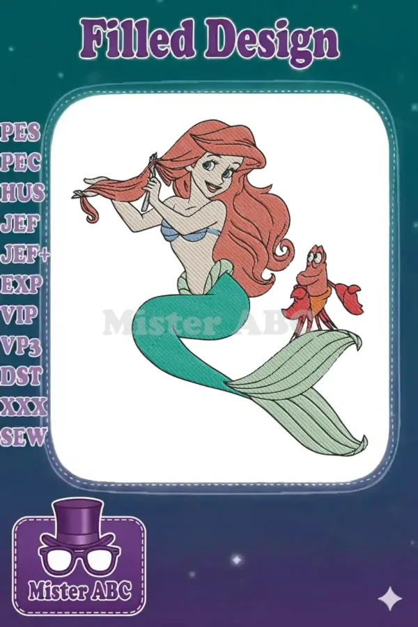 Vibrant embroidery design featuring Disney's Ariel brushing her hair with Sebastian the crab beside her.