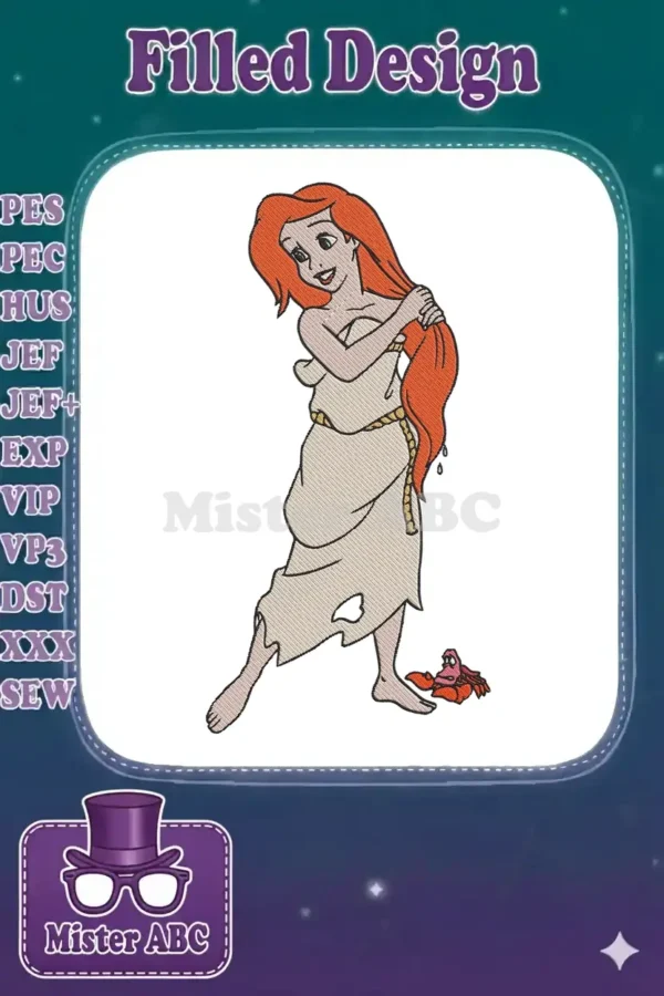 Ariel in rags with Sebastian, a vibrant embroidery design. The Little Mermaid character smiling, ready for a new life.