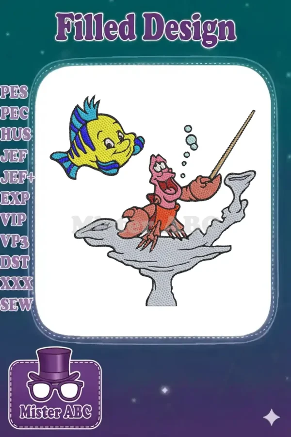 Enchanting embroidery of Flounder and Sebastian from The Little Mermaid, captured in a joyful scene.