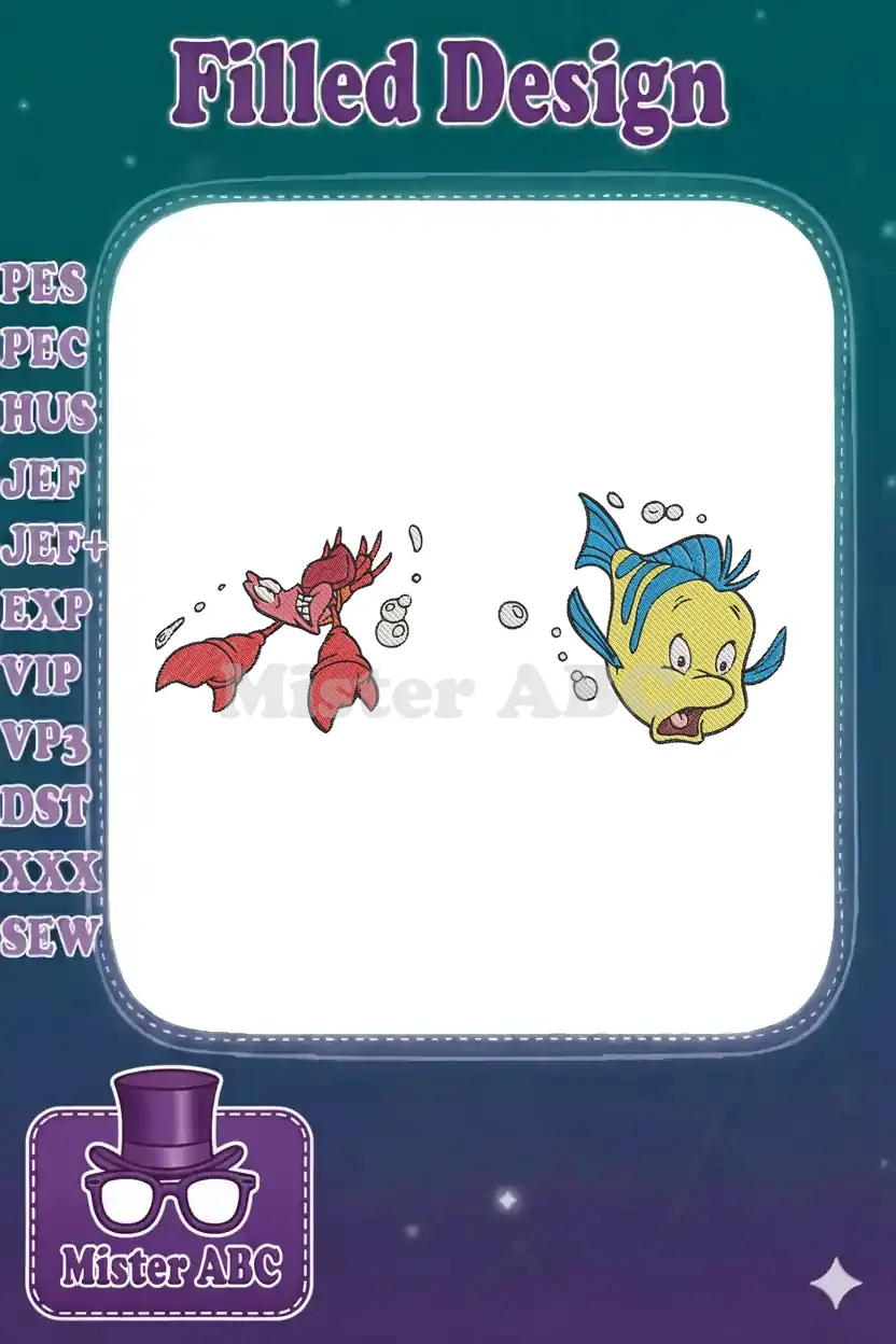 Vibrant embroidery of Sebastian and Flounder from The Little Mermaid, with playful bubbles surrounding them.