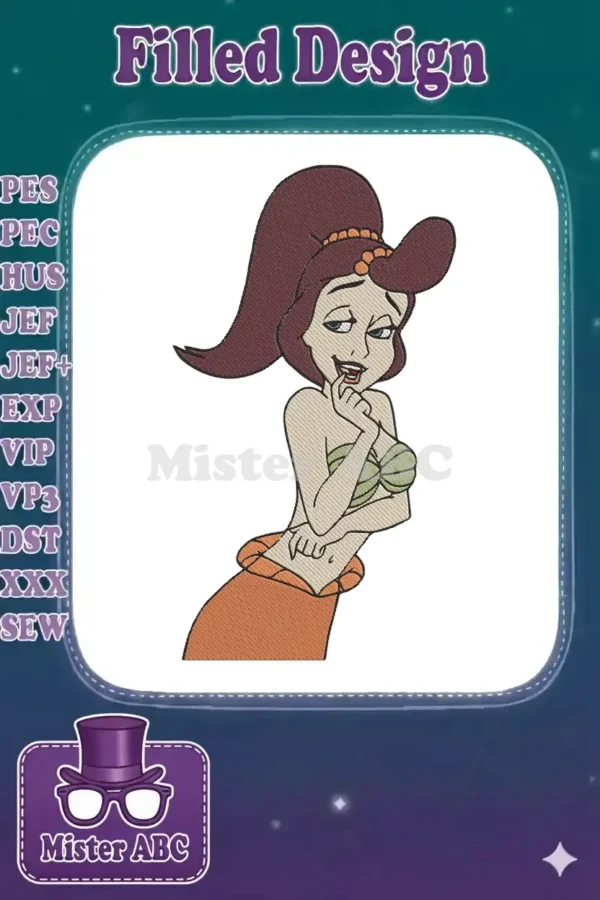 Exquisite embroidery of a beloved animated princess, featuring a sly smile and a unique, elegant pose and attire.