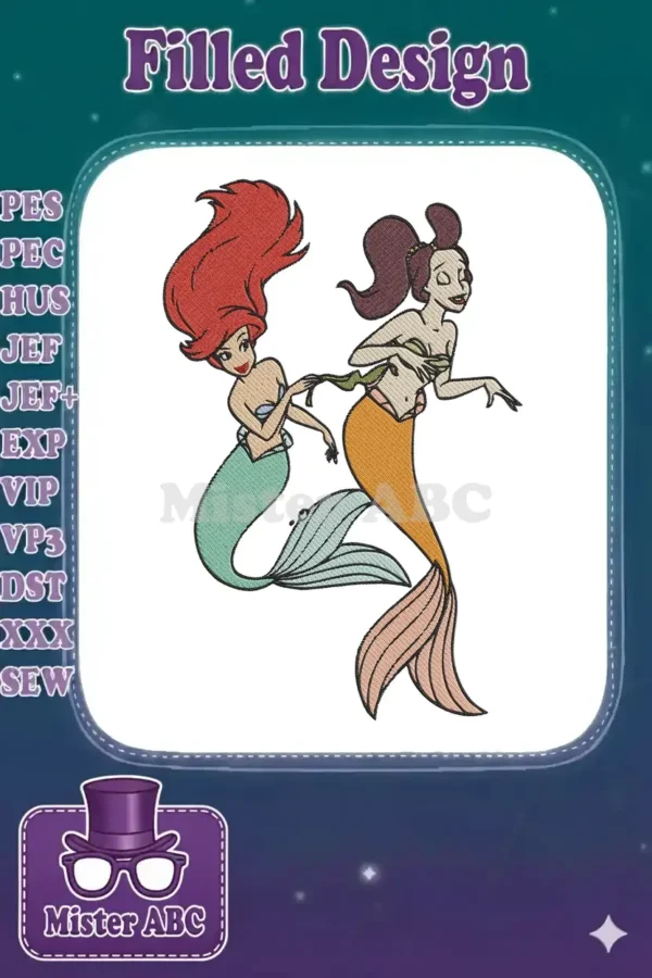Vibrant embroidery design featuring Ariel from The Little Mermaid and a brown-haired mermaid friend swimming together.