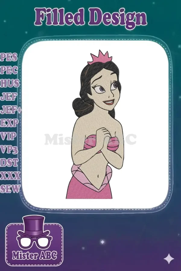Princess Melody embroidery design, featuring the enchanting character with a pink crown and top. High-quality stitching detail.