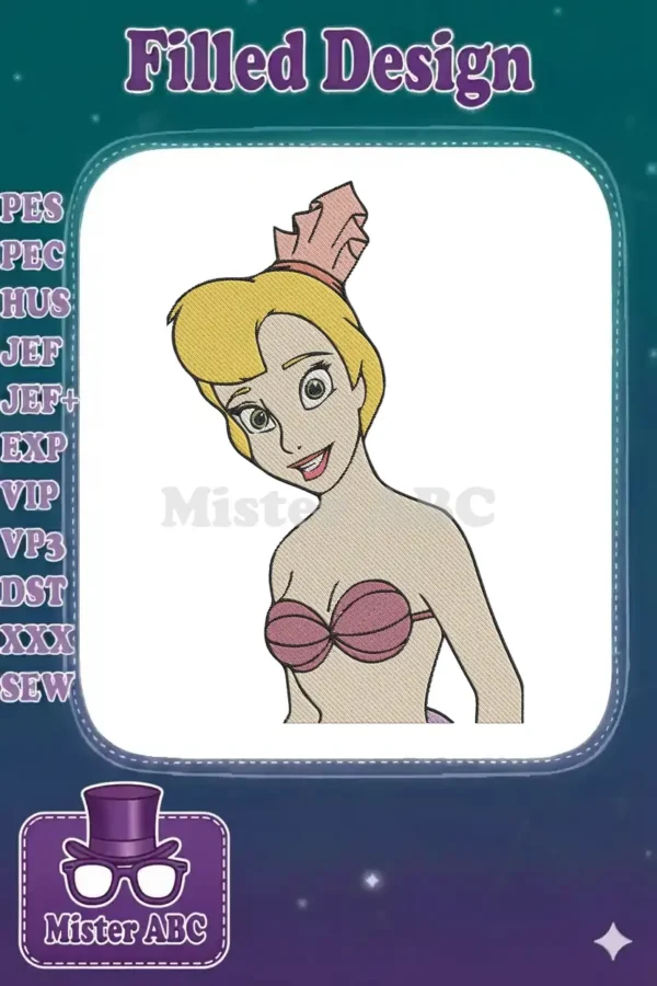 Close-up embroidery design of Melody from The Little Mermaid 2, featuring her blonde hair, pink bow, and seashell top.