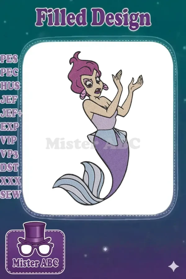Detailed embroidery design of Vanessa, Ursula's human form, from The Little Mermaid, with raised hands.