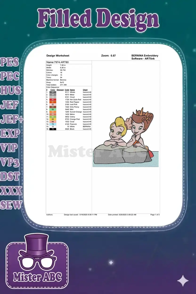 Design worksheet displaying embroidery parameters: dimensions, stitch count, color changes, and a detailed color chart.