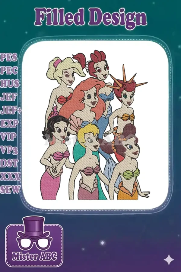A vibrant embroidery design featuring Ariel and her six mermaid sisters, each with unique hair and tail colors.