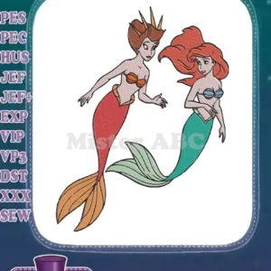 Vibrant embroidery design featuring two iconic mermaid princesses, one with red hair and another with brown with a crown.