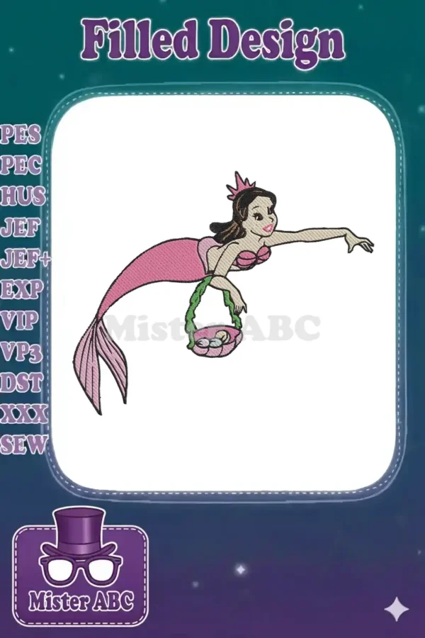 A charming princess mermaid with a pink tail, golden crown, and a green basket filled with pastel Easter eggs, swimming gracefully.