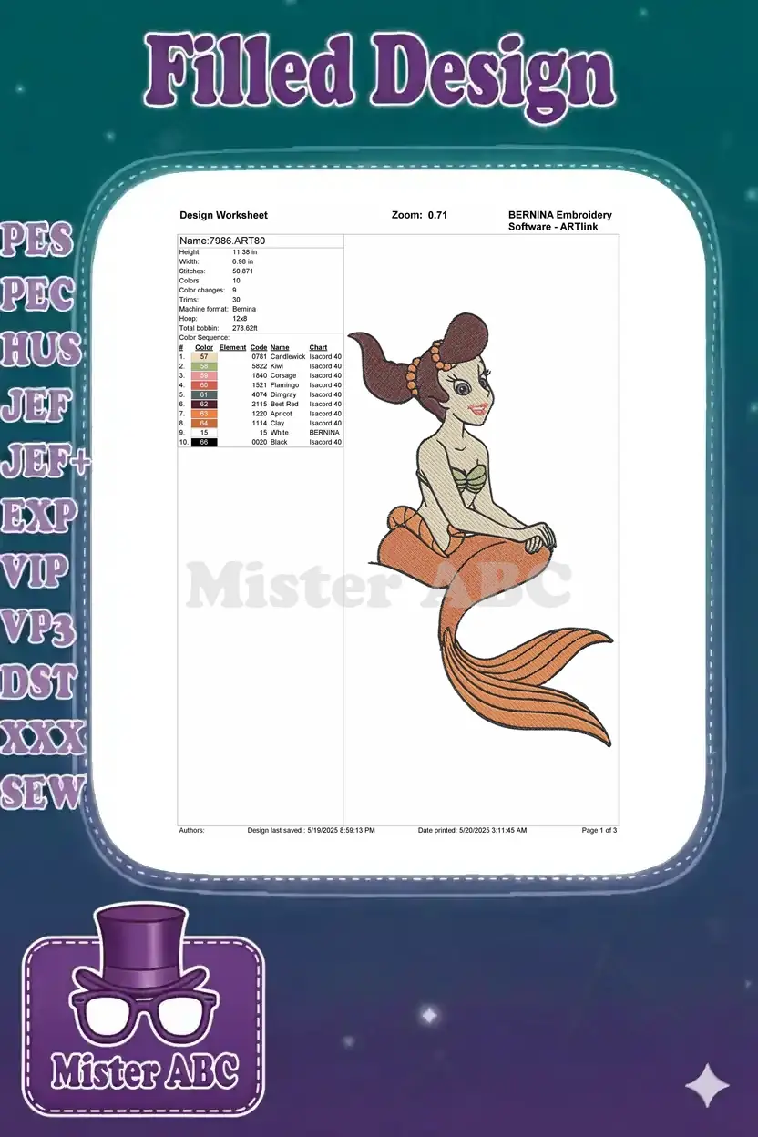 An embroidery design worksheet displaying a mermaid design, stitch count, dimensions, and a detailed color chart.