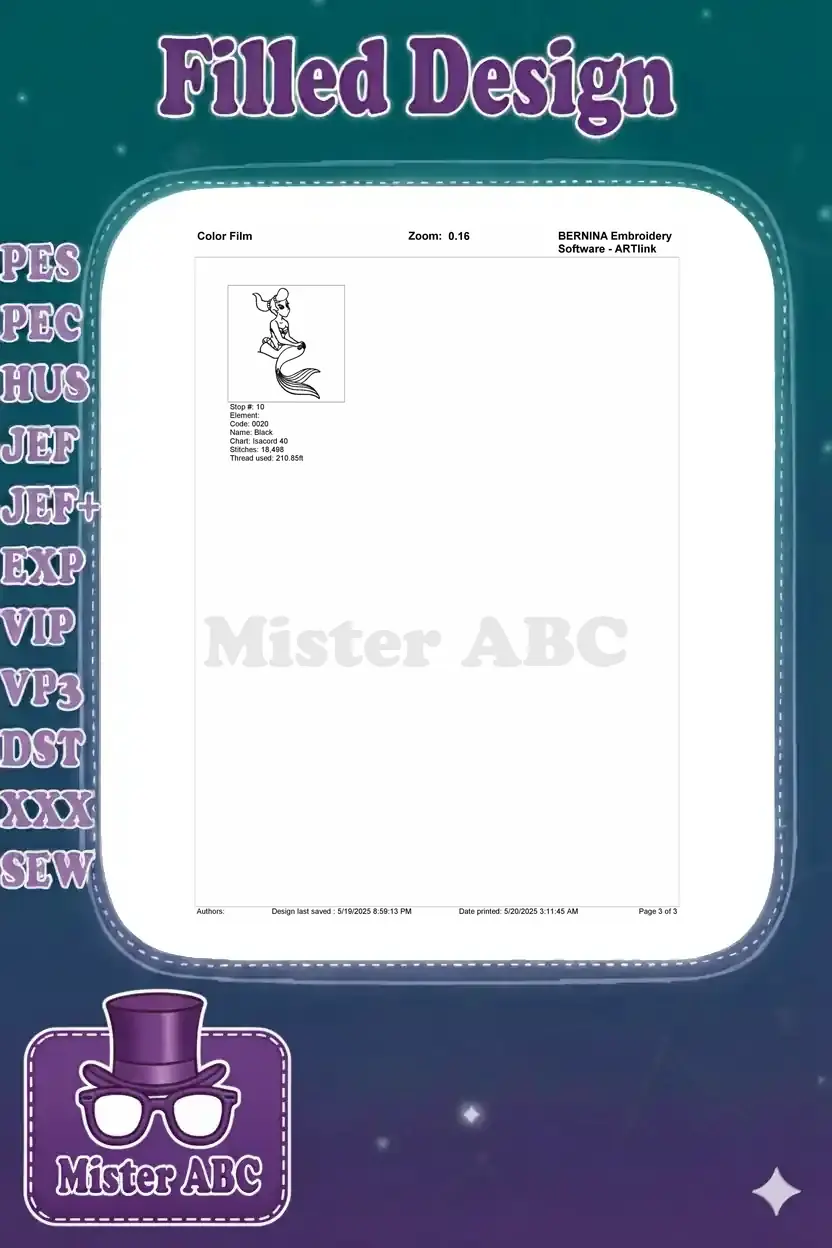 The final part of the embroidery color film, illustrating the tenth and last stitching step for the mermaid's outline.