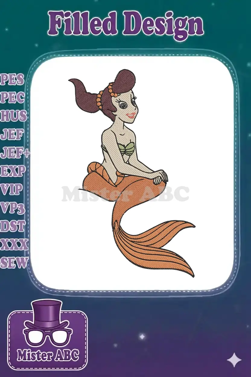 A vibrant embroidery design of a serene mermaid with brown hair, a green top, and a flowing orange tail.