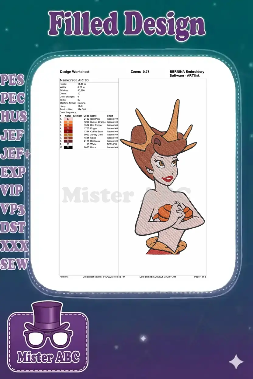 A comprehensive embroidery design worksheet displaying Melody's specifications including dimensions, colors, and stitch count.