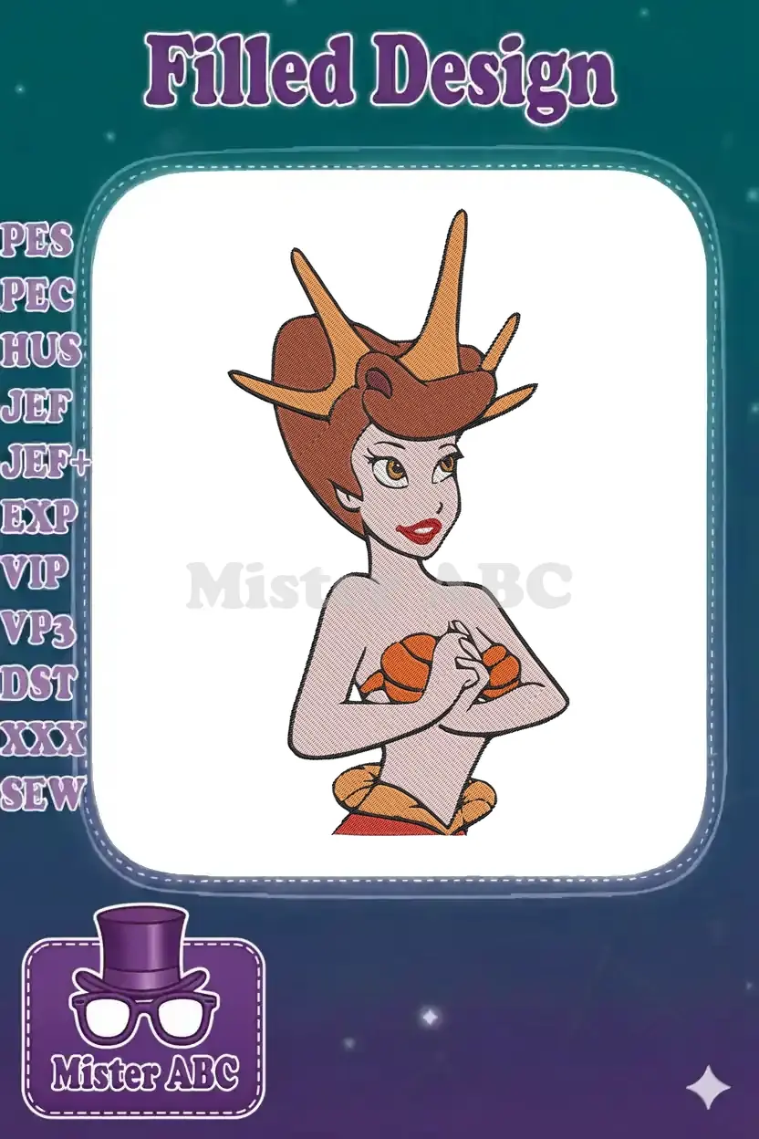 A vibrant embroidery design featuring Melody from The Little Mermaid II, depicted as a mermaid with a shell crown.