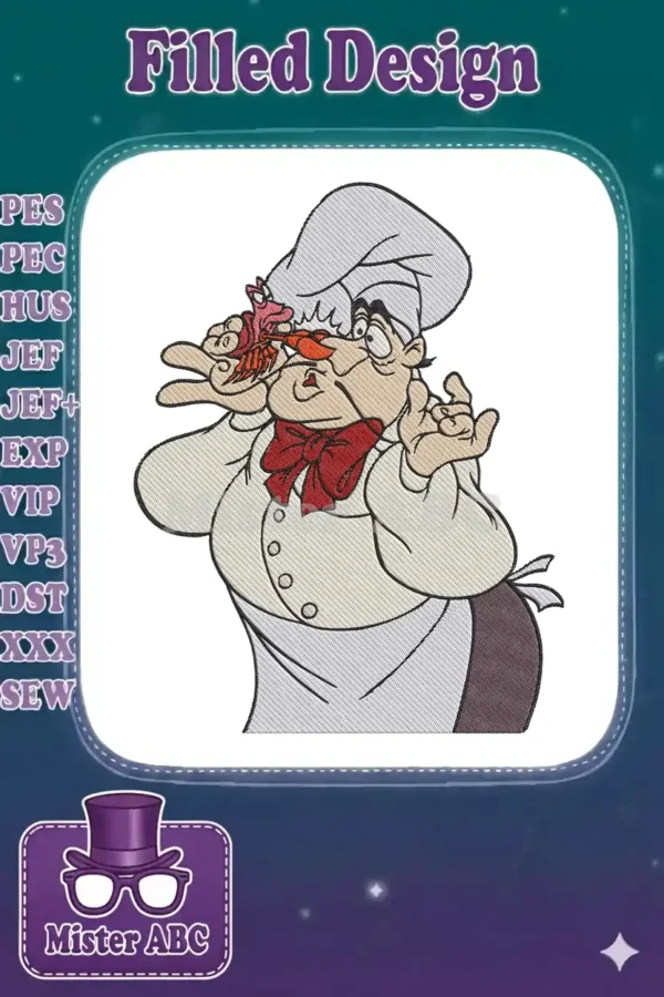Vibrant embroidery of Chef Louis from The Little Mermaid, comically holding Sebastian the crab with a wild expression.
