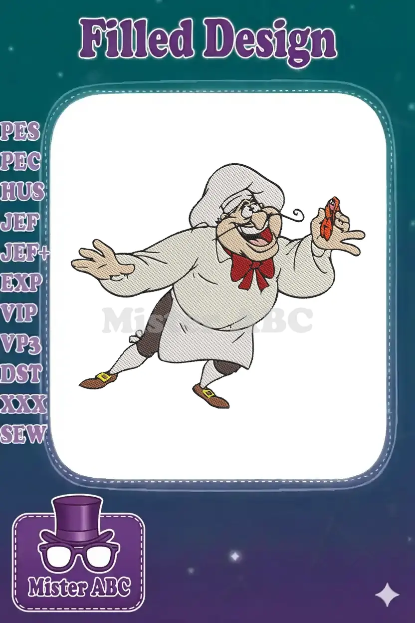 Vibrant embroidery design of Chef Louis, the joyful chef from Disney's The Little Mermaid, holding a lobster.