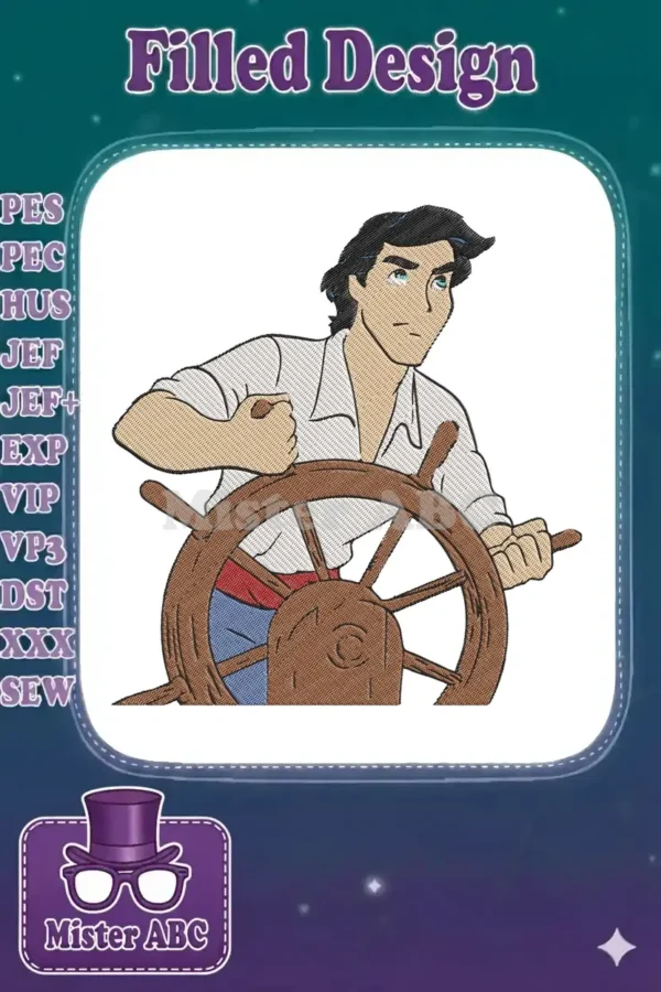 Prince Eric from The Little Mermaid, confidently steering a ship's wheel. A vibrant, detailed embroidery design.