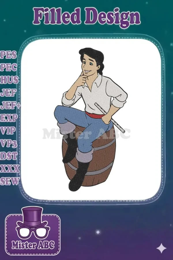 Embroidered Prince Eric sitting on a wooden barrel, smiling. A charming character design for any project.