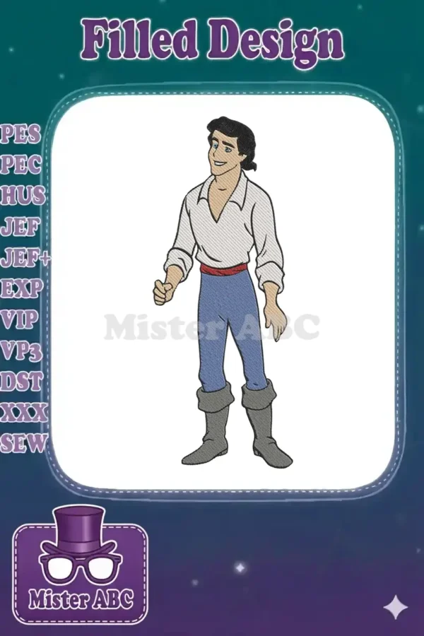 Detailed embroidery design of Prince Eric from The Little Mermaid, featuring his iconic white shirt and blue pants.